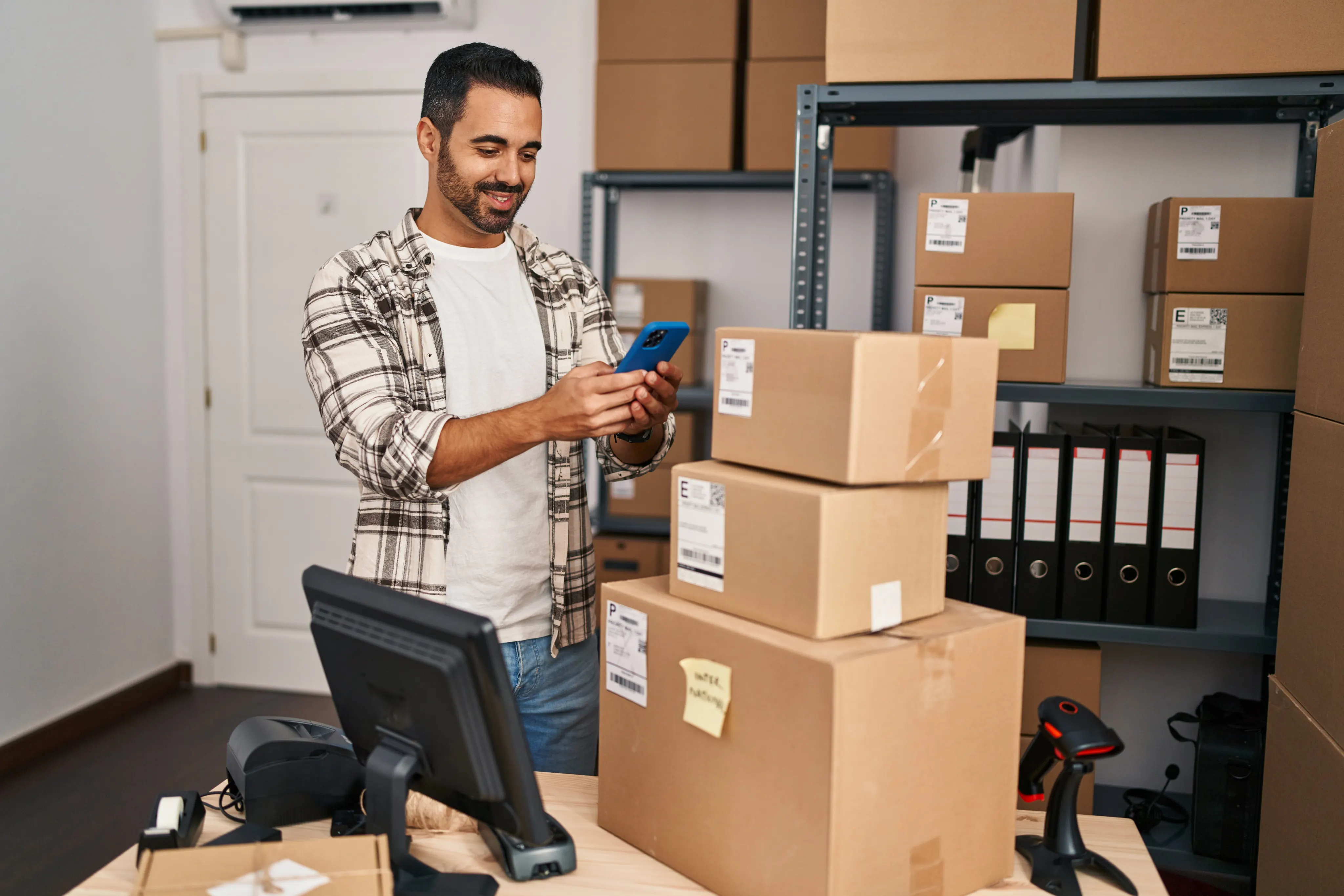 Distribuidor revisando su teléfono junto a cajas y equipos de venta