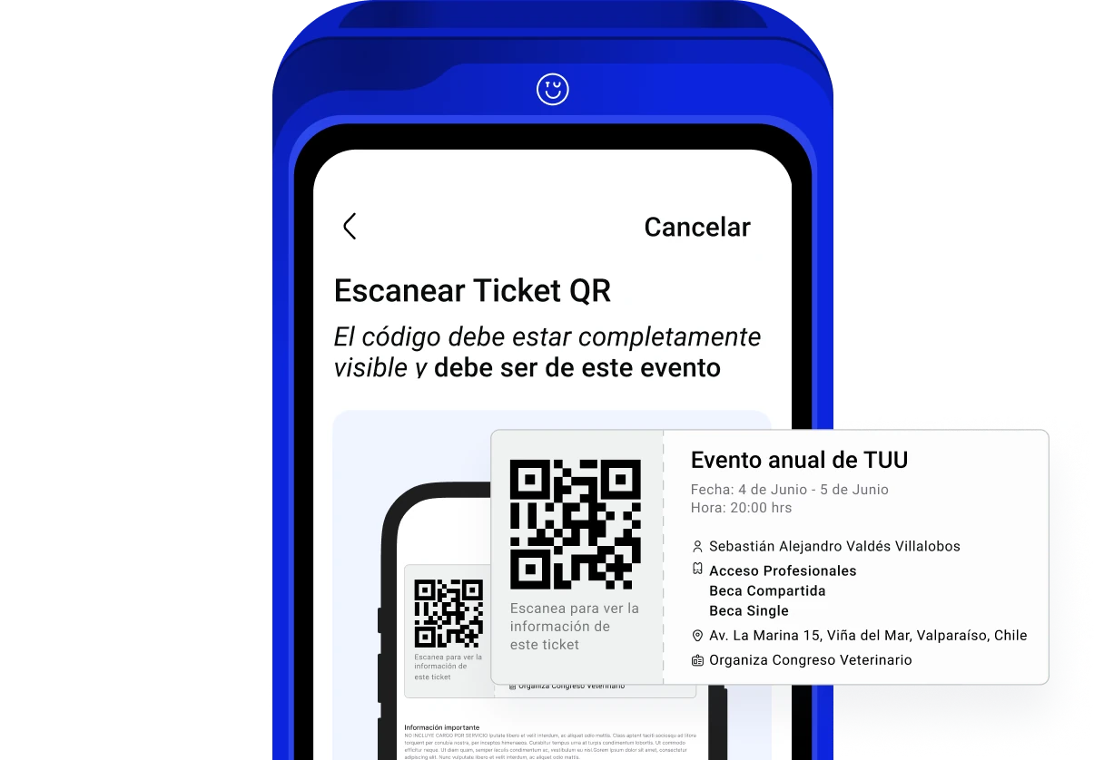 Pantalla de escaneo de ticket QR con acreditación del evento