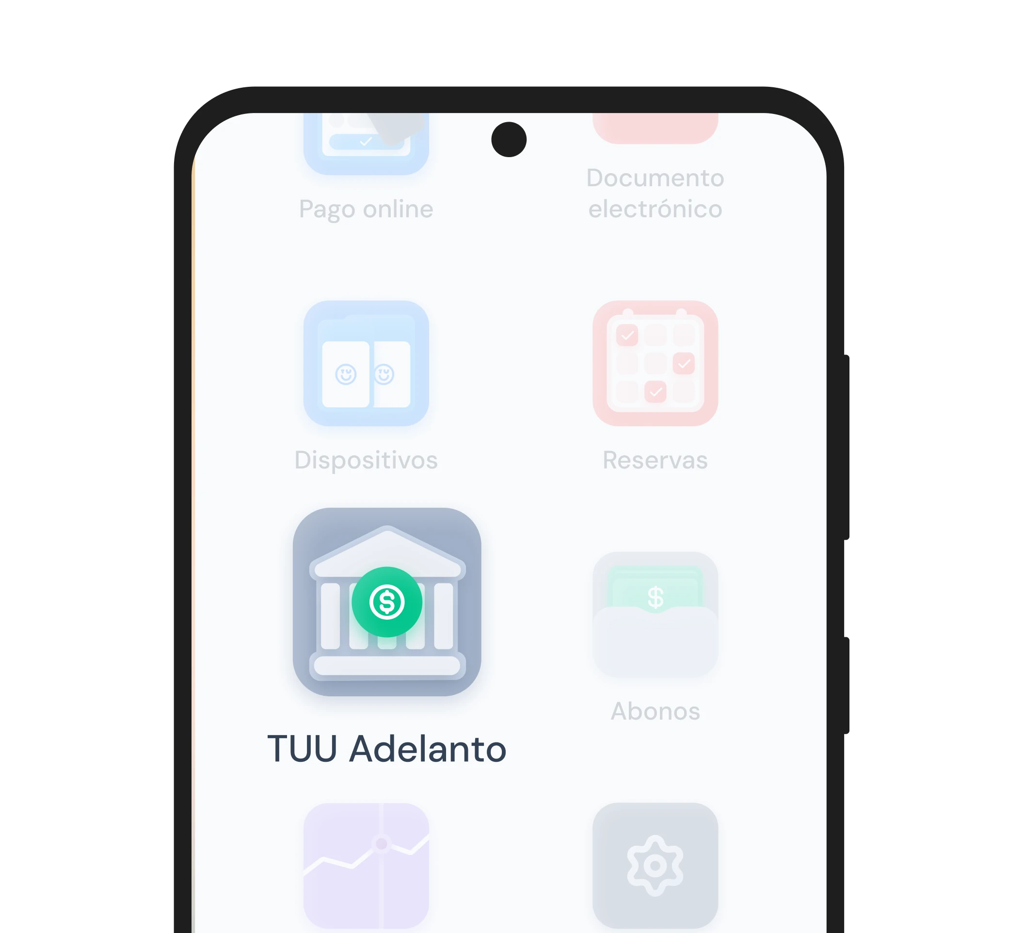 Mockup de smartphone mostrando la app TUU con la opción TUU Adelanto destacada en pantalla.