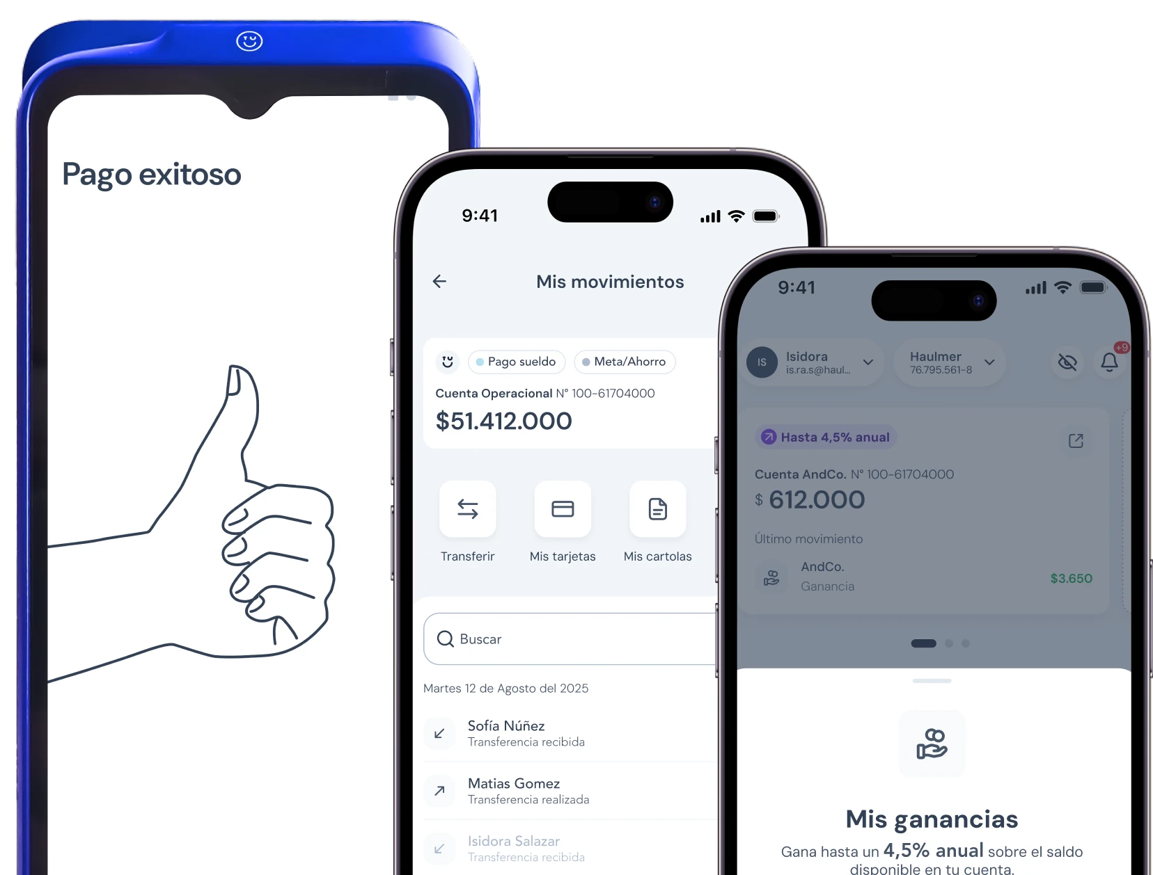 Máquina TUU con un pago exitoso junto a la app AndCo. con los movimientos y las ganancias de la cuenta