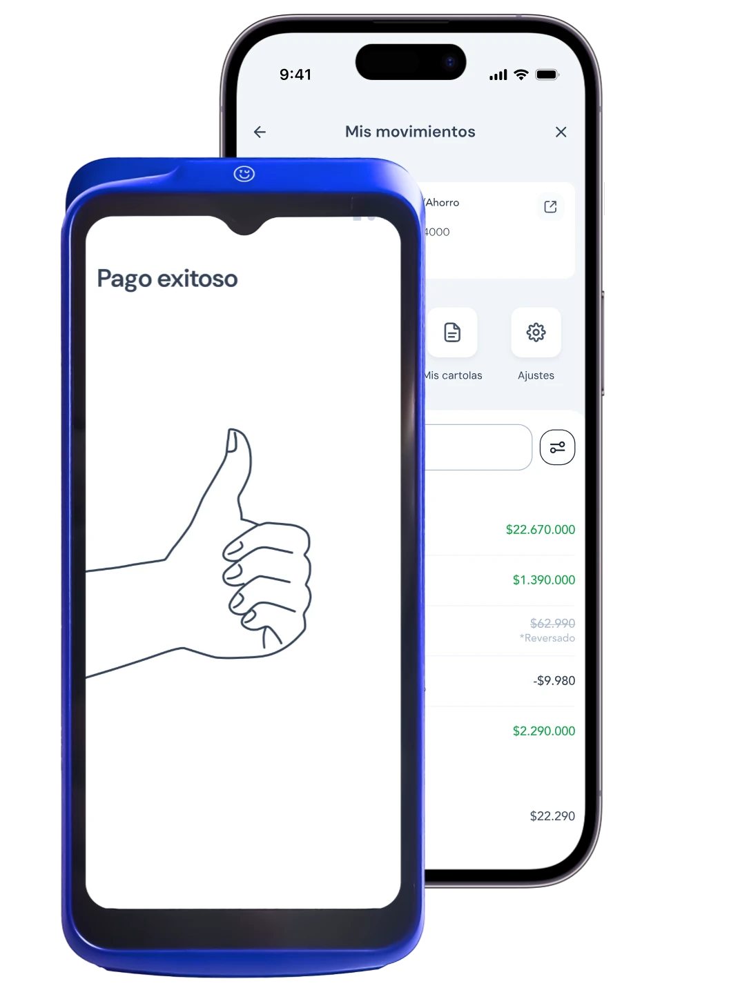 Máquina POS TUU con un pago exitoso junto a la app AndCo. con el movimiento abonado
