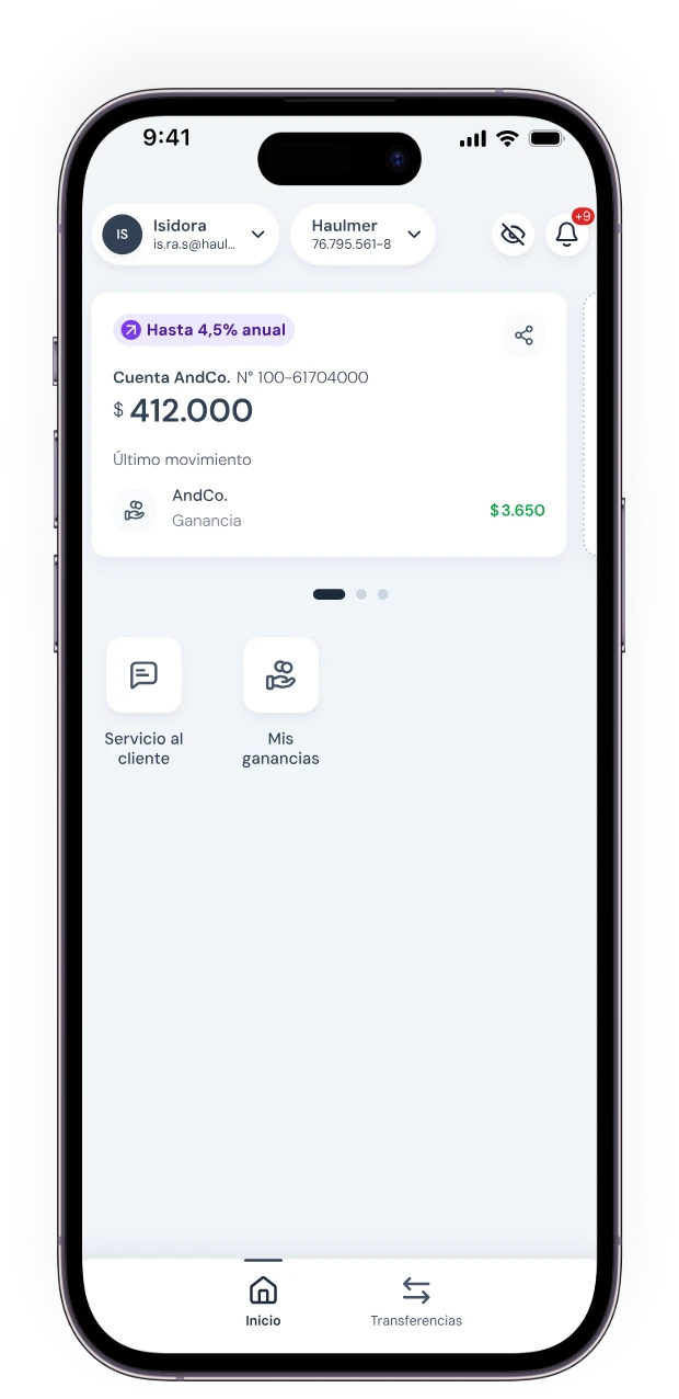 App AndCo. con el saldo de la cuenta y una rentabilidad de hasta 4,5% anual