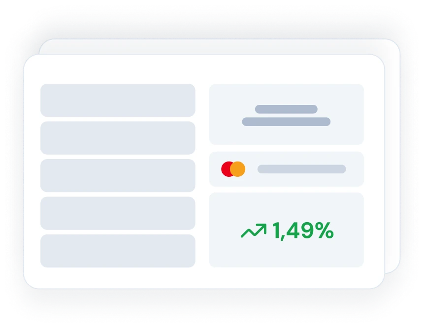 Ilustración de panel de ventas con gráfico de variación 1,49% y logo de Mastercard.
