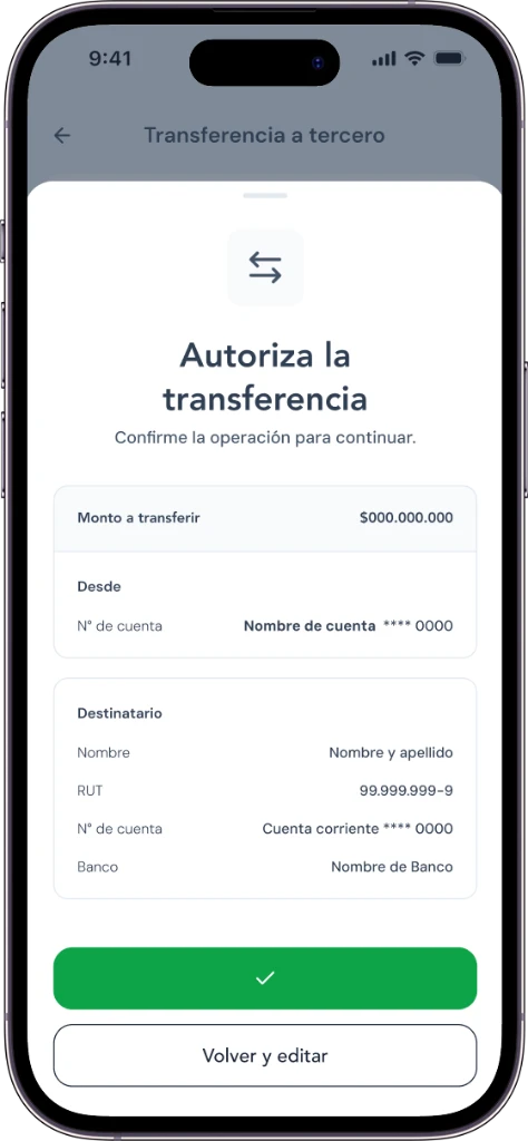 App AndCo. con una transferencia realizada con éxito