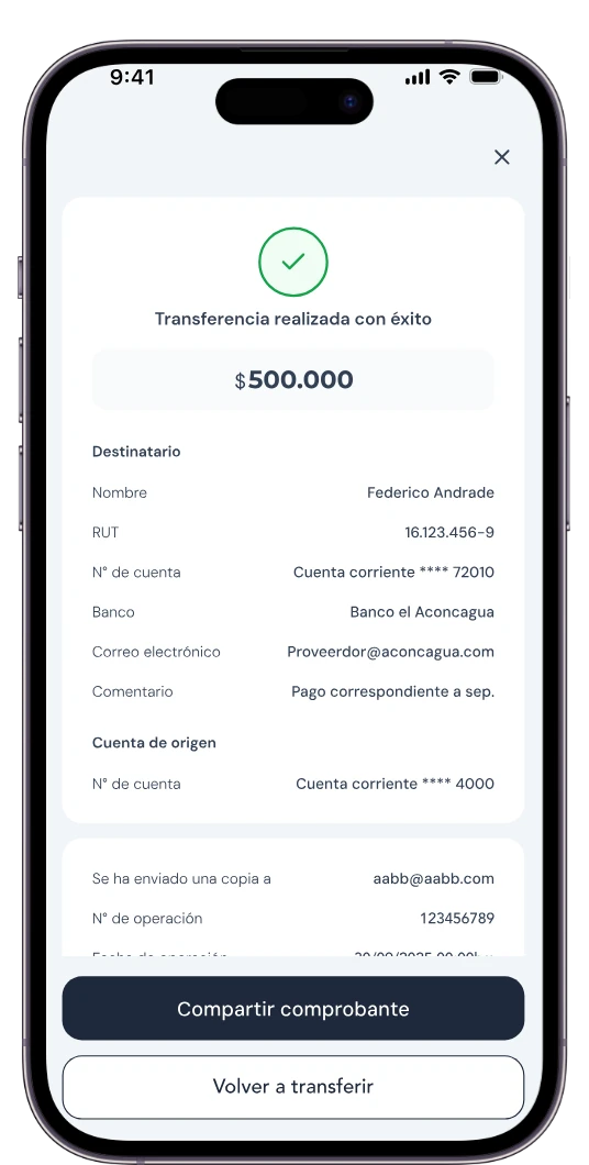 App AndCo. con una transferencia realizada con éxito